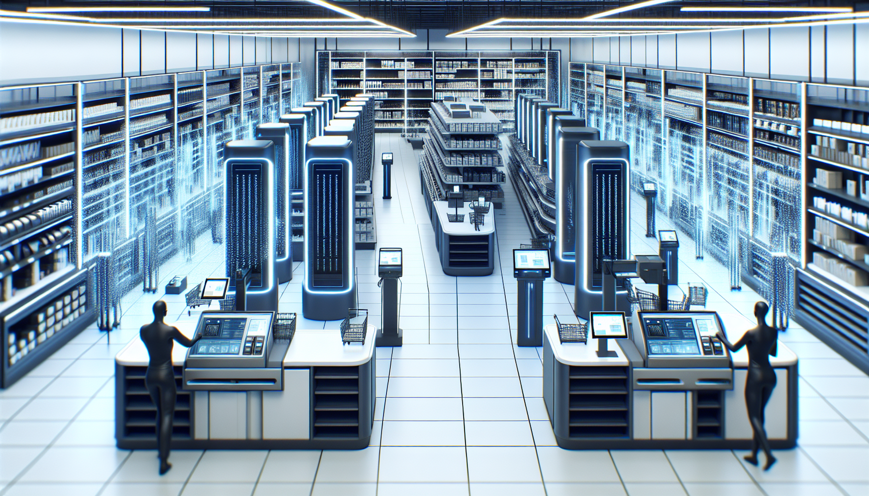 An artistic representation of a cashierless store with operational efficiency and improved inventory management