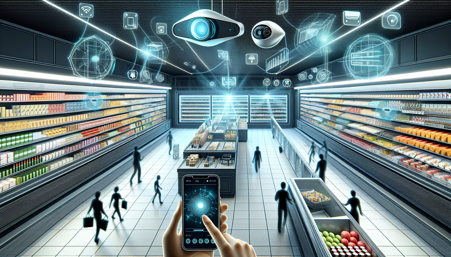 An artistic depiction of the underlying technologies powering cashierless checkout systems