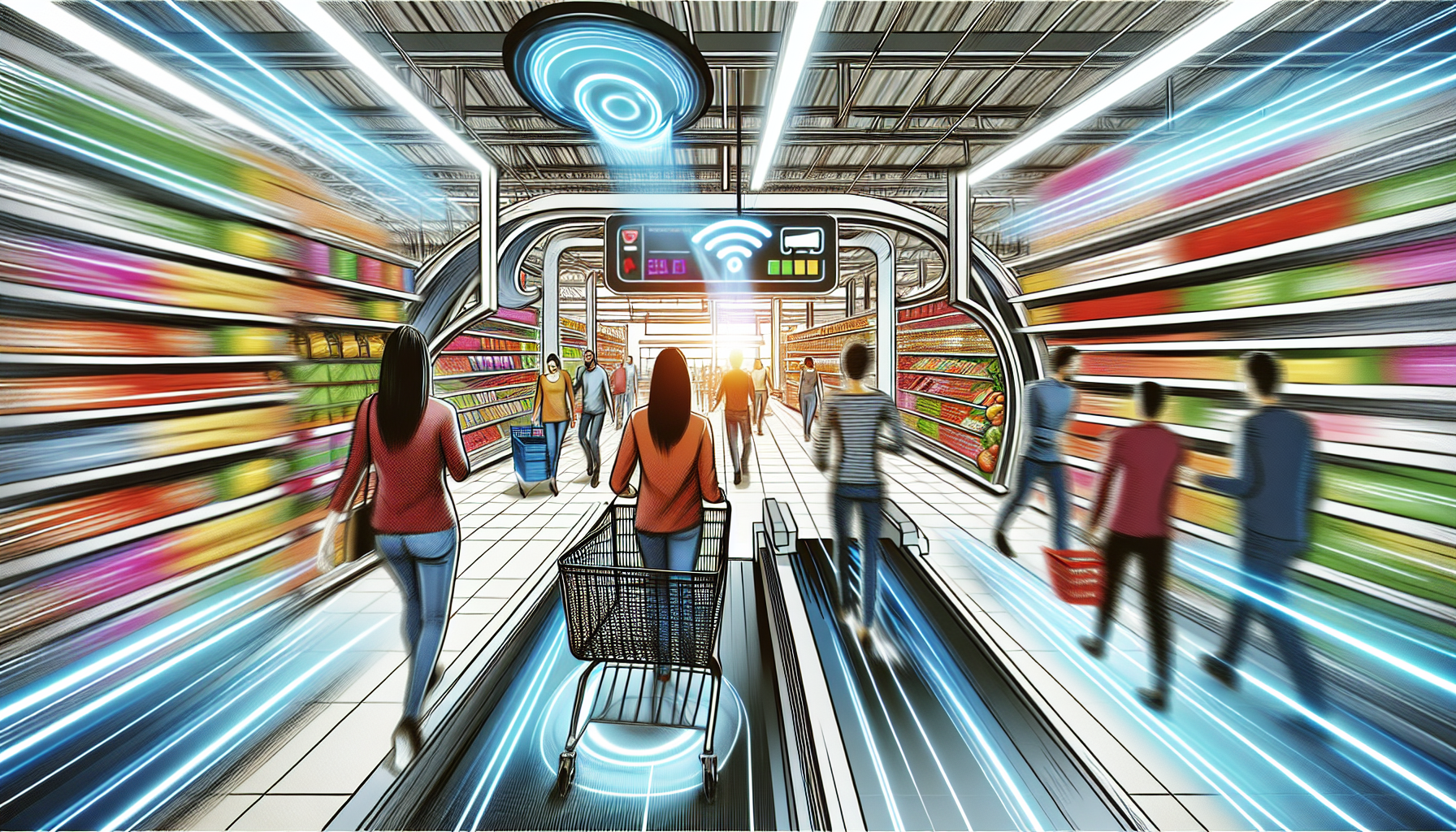 A colorful illustration depicting customers enjoying a seamless and convenient cashierless checkout experience