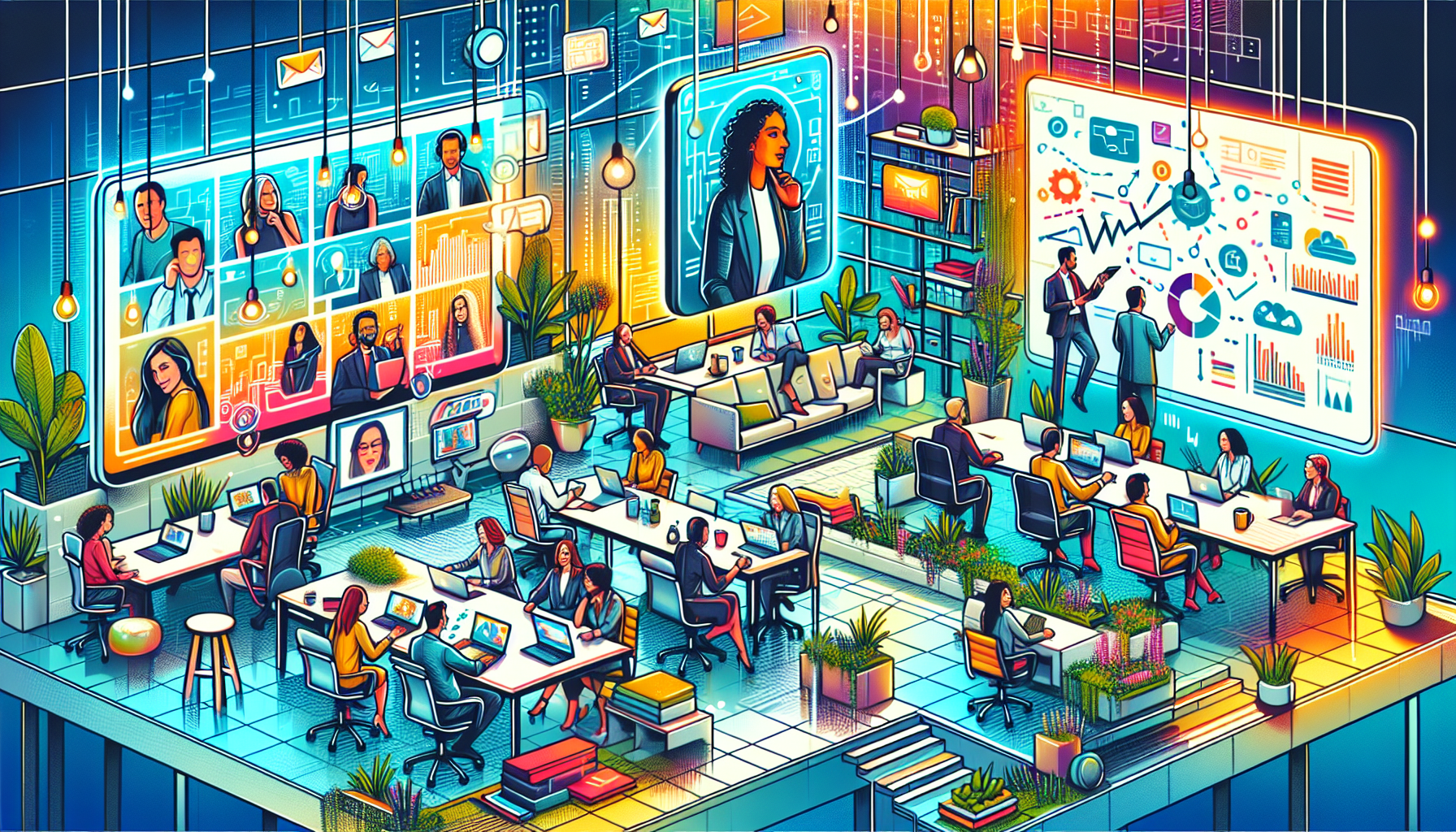 An illustration representing technology integration for hybrid work environments.