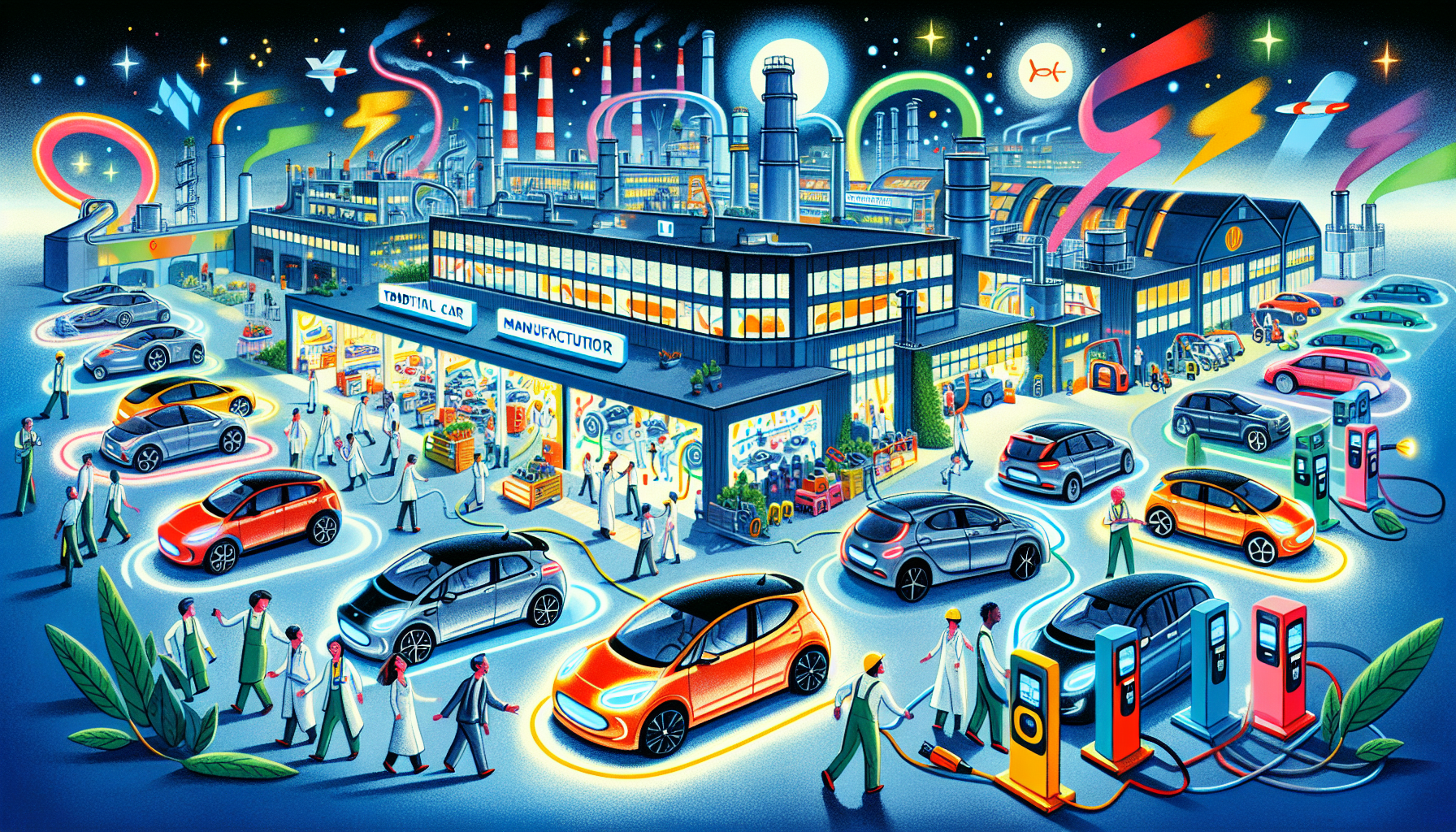 An illustration showing the shifts in business models among traditional automakers adapting to electric vehicles.