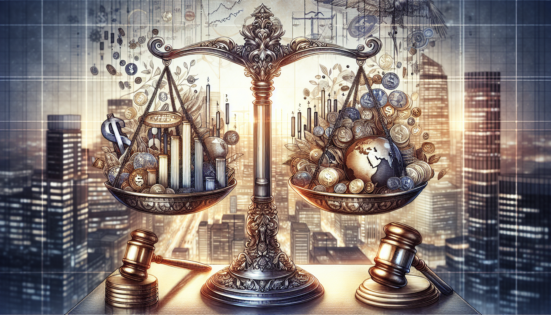 An artistic depiction of economic conditions and policy changes affecting market behavior, with visual elements of political events.