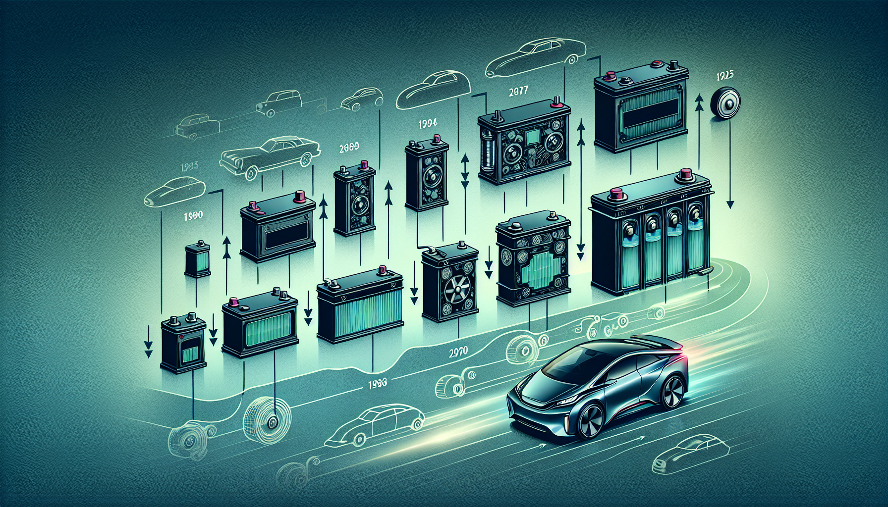 A visual representation of the evolution of battery technology used in electric vehicles.