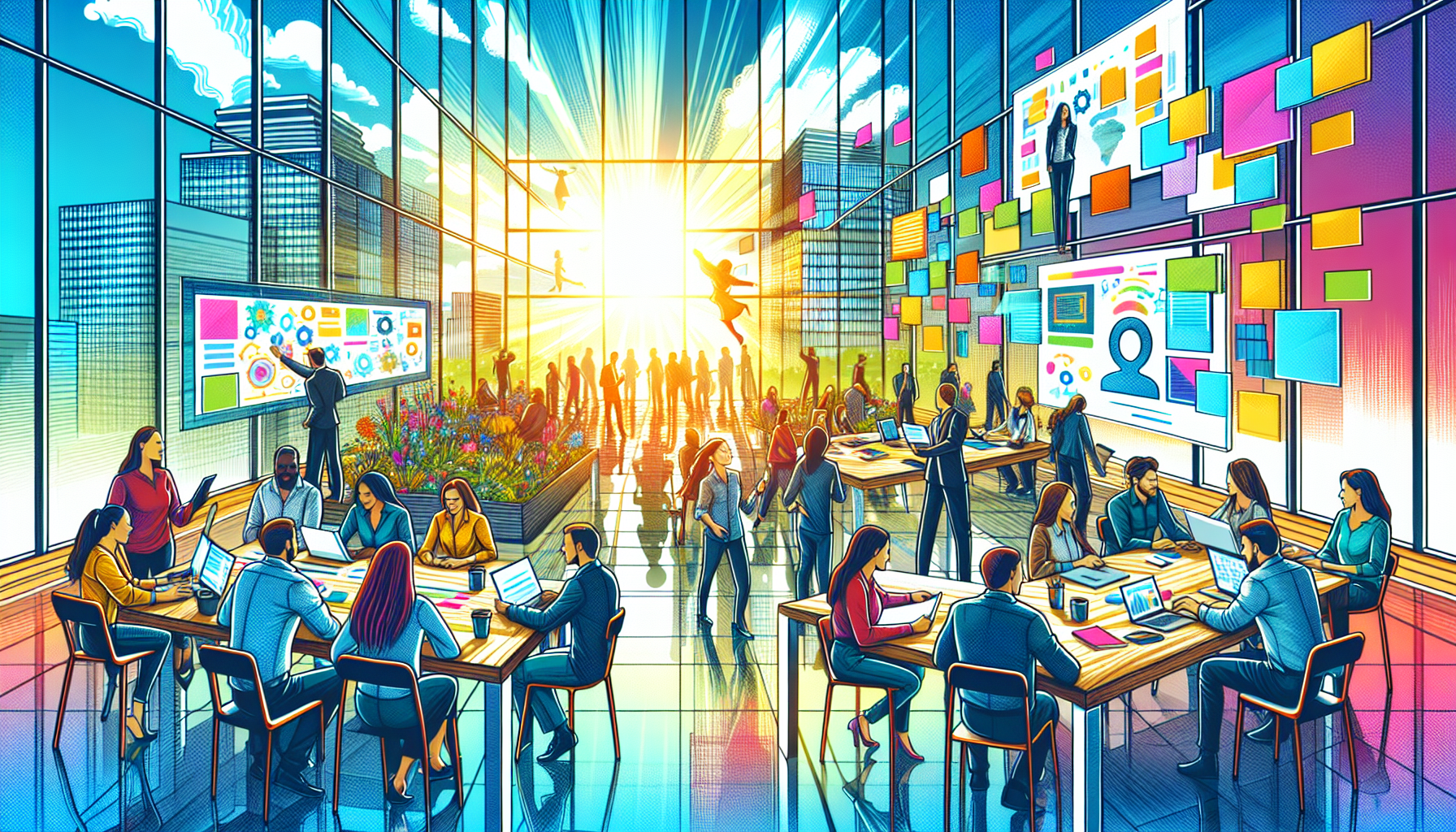 An illustration of a diverse workplace culture in the hybrid work era.