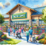 An artistic representation of a tractor supply store with a blurred company sign.