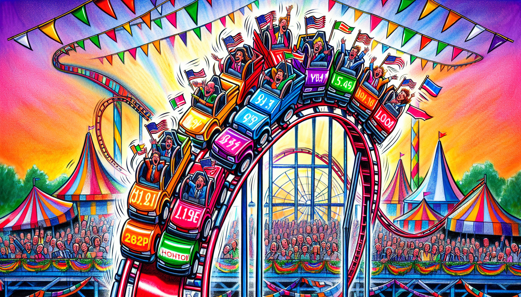 A cartoon representation of market volatility during election seasons, showcasing fluctuating stock prices.