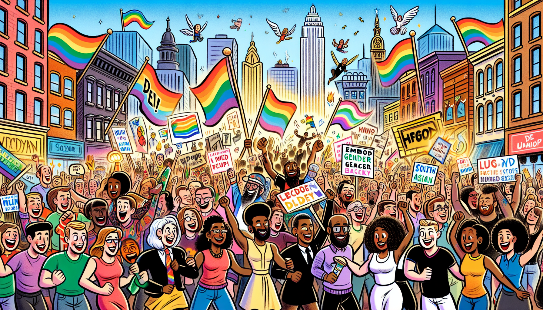 An illustration depicting a protest against DEI initiatives, highlighting the conservative backlash.