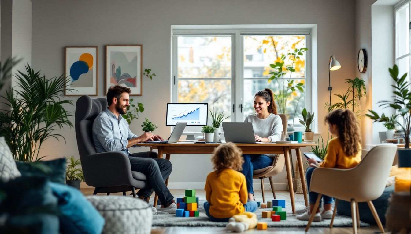 A family working remotely in a cozy home environment amidst rising housing costs.
