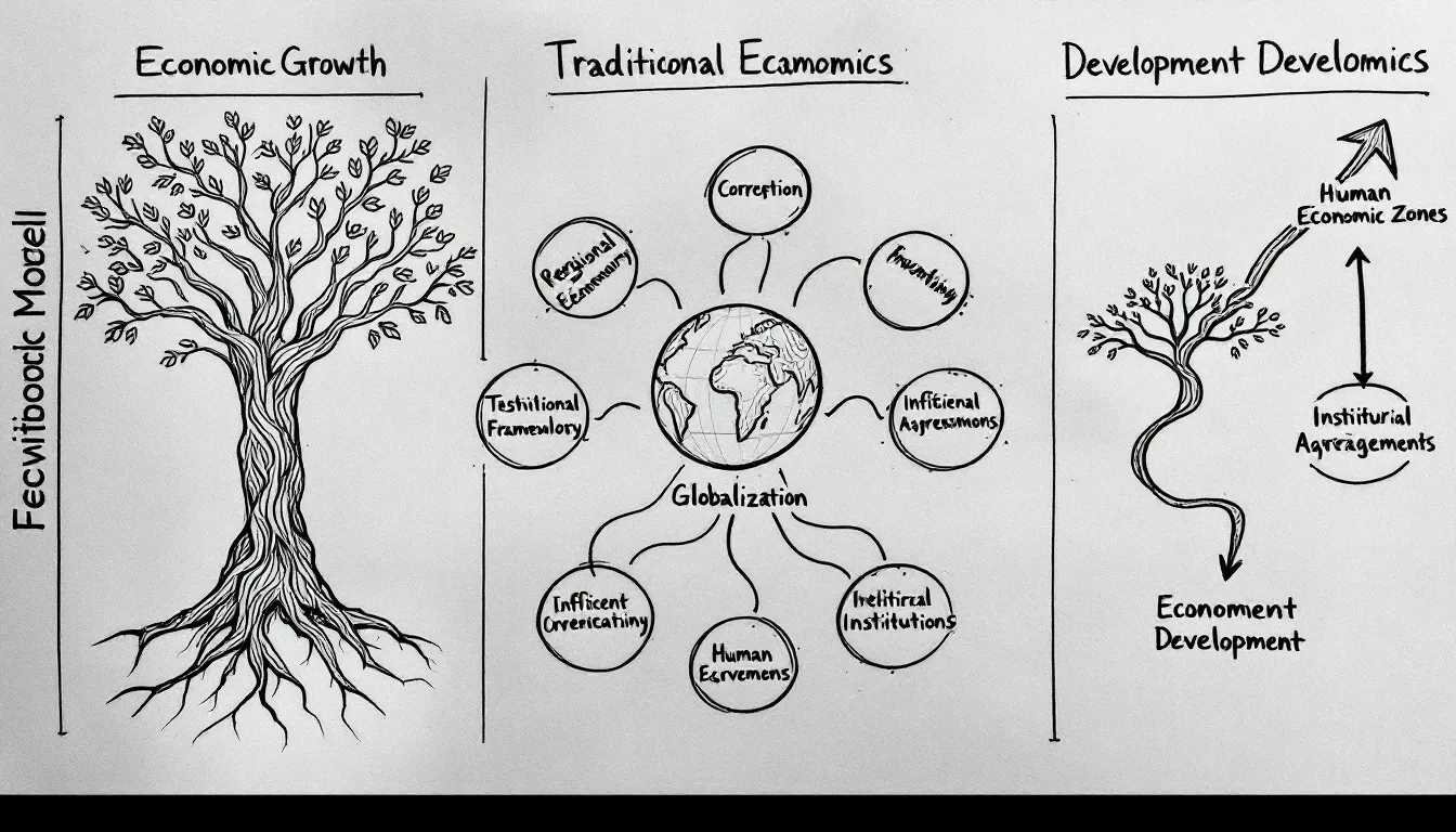 A diagram illustrating the concepts of development economics and promoting economic development.